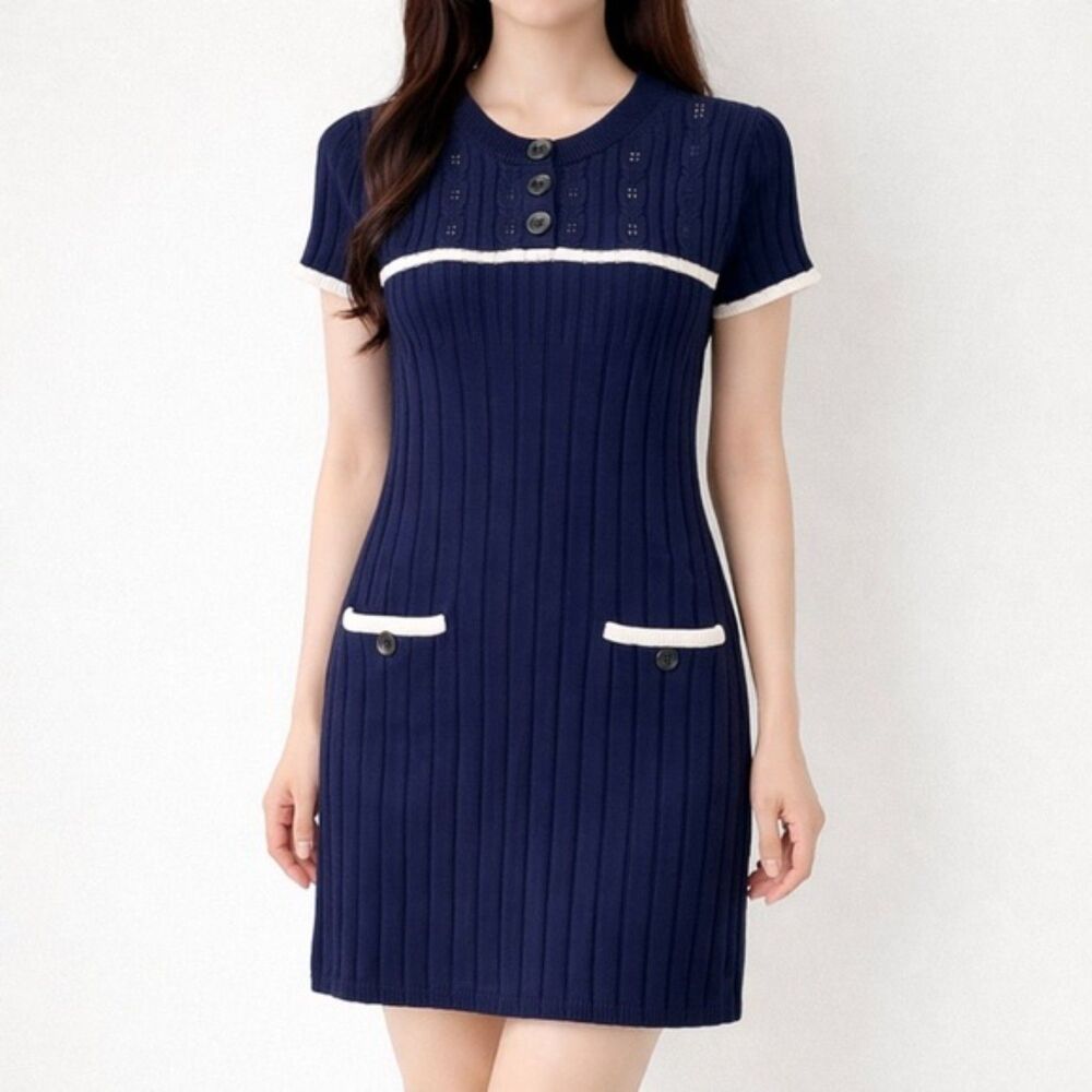 NWT Banana Republic Crochet Trim Cotton Sweater Dress Navy White Size Small NEW